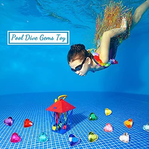 Hicarer 20 Pieces Diving Gem Pool Toys Colorful Big Diamond Pirate Treasure Diving Gems Acrylic Heart Gemstones Summer Beach Underwater Swimming Toys for Kids Swimming Party Favor Pool Training Gift