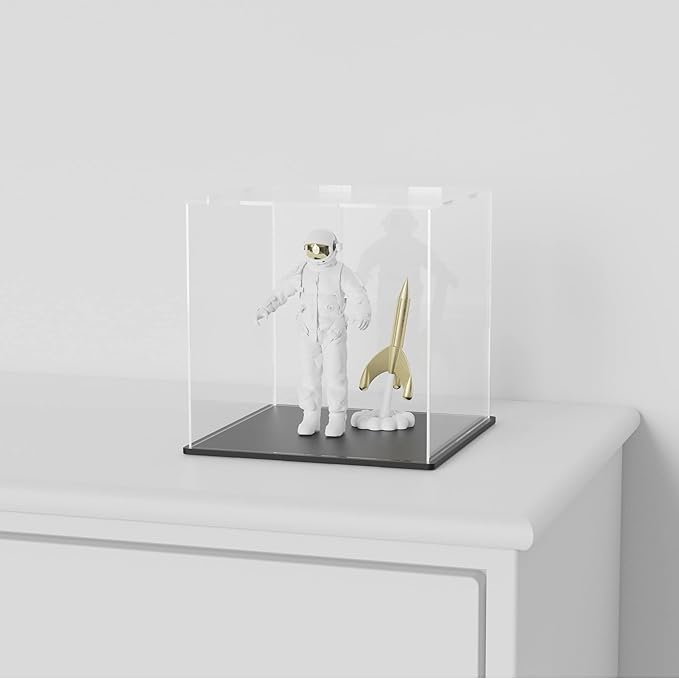 SVENJBB Acrylic Display Case, 10x8x9 Inch Cube Acrylic Boxes for Display, Clear Display Cases with Matte Black Base and Lid for Collectibles and Miniature Dollhouse