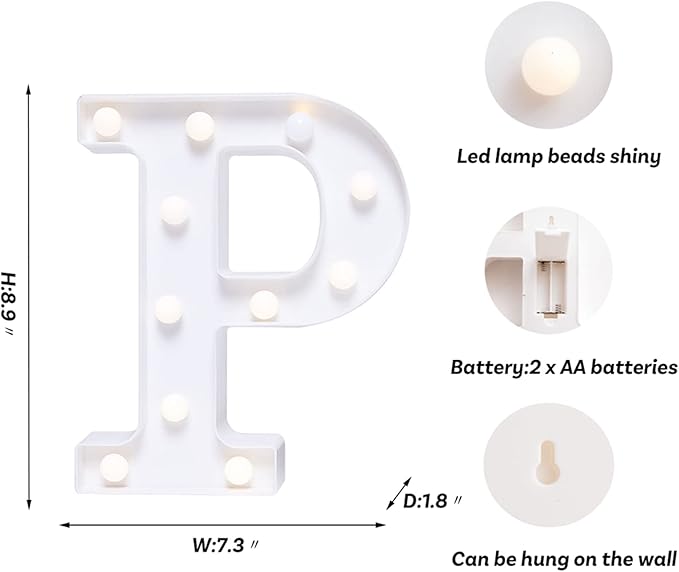 Foaky LED Letter Lights Sign Marquee Light Up Letters Sign for Night Light Wedding/Birthday Party Battery Powered Christmas Lamp Home Bar Decoration(P)