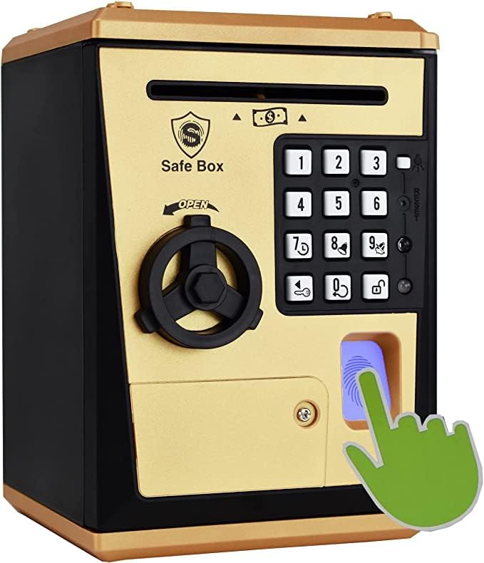 Toy Safe Box, ATM Piggy Bank, Money Coin Savings Bank, Great Gift for Children Kids (Golden/Black)