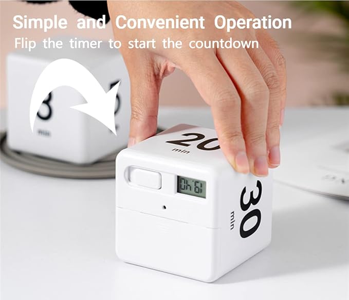 Kitchen Cube Timer, Kids Timer for ADHD Productivity Workout Flip Classroom for StudyTime Countdown Management Settings 15 20 30 60 Mins, White