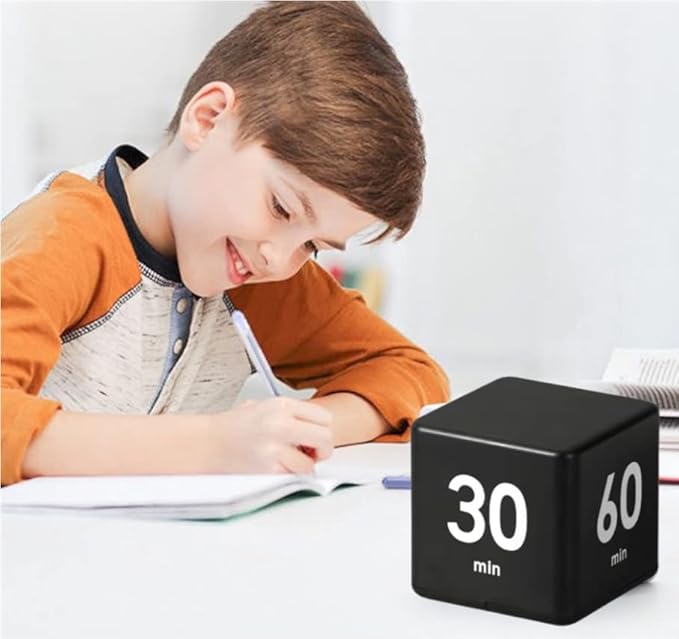 Feilifan Cube Timer - Kids ADHD Productivity Workout Flip Timer for StudyTime & Classroom - Countdown Management Settings 15, 20, 30, 60 Minutes, Black