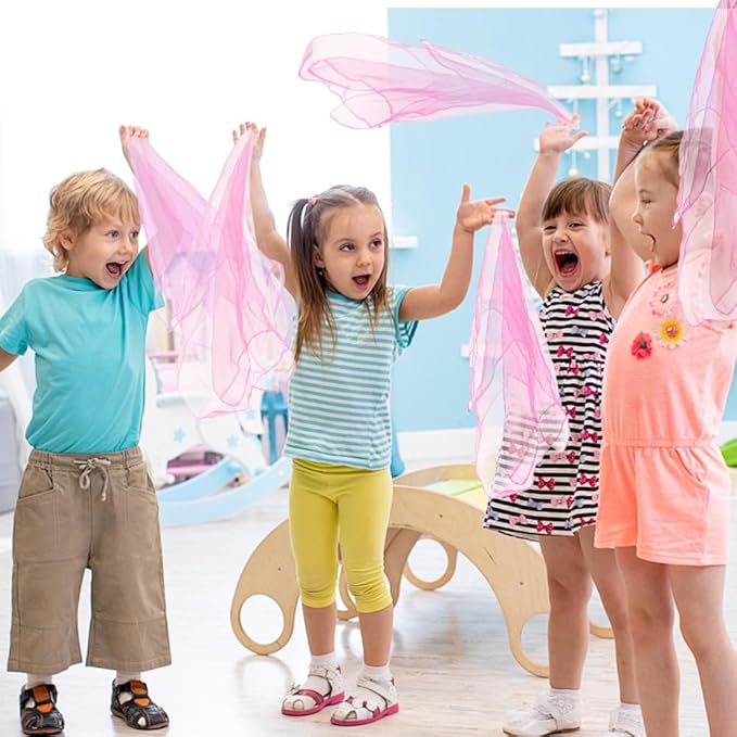 Juggling Scarves, Dance Scarves for Kids Play 12 PCS Square Silk Scarf Music Performance Props for Toddlers Children