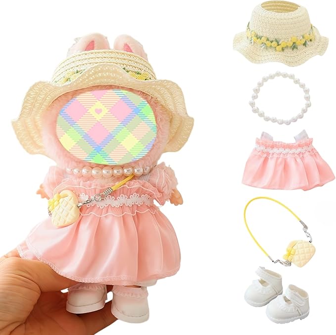 Clothes for Dolls Accessories, Outfit Set 5 Pieces Gauze Dress for 15cm 17cm Doll (No Doll), Romantic Hat Skirt Shoes Doll Clothing Set Replacement Pink