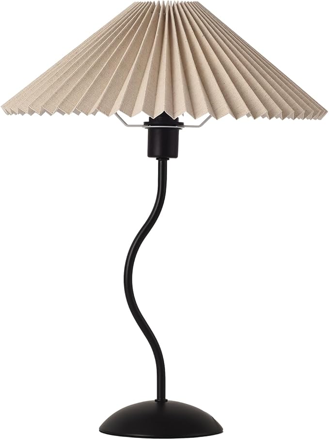 KUNJOULAM Small Pleated Table Lamp, Bedside Nightstand Lamp with Beige Lampshade Black Base, Morden Mini Lamp for Bedroom Home Office Decor, E12 Bulb Included