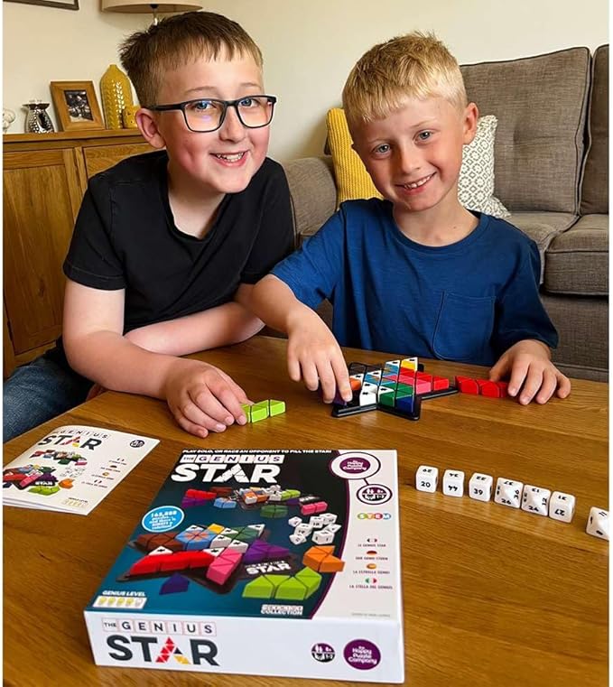 The Happy Puzzle Company The Genius Star | Toy of The Year Award Winning Family Board Game | 165,888 Possible Puzzles | Filling in Colored Shapes | Blockers to Complete A Star | Golden Star Twist