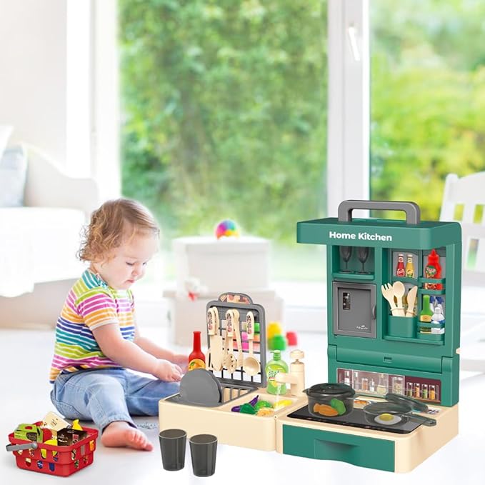 Pretend Play Kitchen Toy Set Folding Role Play Toy with 45pcs Realistic Food Fruits Vegetables Pans Cooking Utensils Basket Sink etc Portable Educational Indoor Outdoor Toys for Kids Ages 3