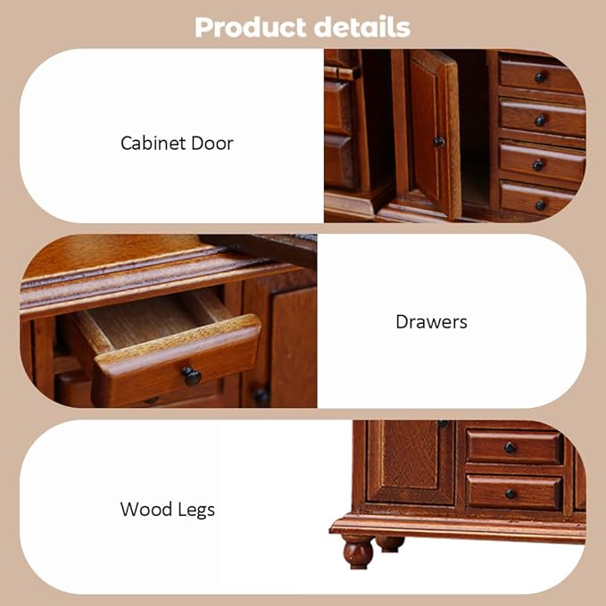 Dollhouse Furniture, Doll Display Cabinet with Drawers 1:12 Scale Miniature Dollhouse Vintage Wooden Bookcase Mini Bookshelf Living Room Dolls & Accessories DIY Decorations for Girls and Boys