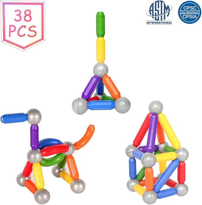 Bmag 38 PCS Magnetic Balls and Rods Set, Magnet Building Sticks Set, Building Blocks Tiles, STEM Stacking Toys for Kids,Juniors,Toddlers