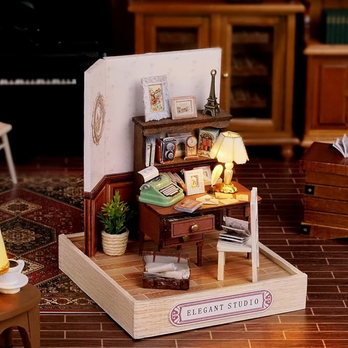 TuKIIE DIY Miniature Dollhouse Kit with Furniture, 1:24 Scale Creative Room Mini Wooden Doll House Plus Dust Proof for Kids Teens Adults(Elegant Studio)