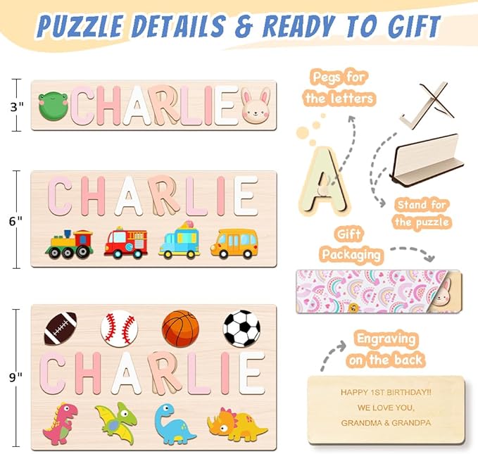 Name Puzzle for Kids Personalized, Custom Baby Gifts for Toddler 1-3, Wooden Alphabet Puzzle for Boy Girl 1st Birthday