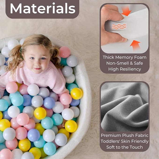 Wonder Space 47" Premium Kids Foam Ball Pit, CPSIA-Certified Safe Soft Play Pool for Toddlers, Large Spacious Round Design for 2-3 Kids, Ideal Gift for Indoor Nursery (Nougat)