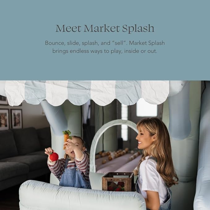 PLAYSMOL Market Splash Water Slide Bounce House, Inflatable Water Slide with Climbing Wall & Sprinkler, Features Market Counter for Pretend Play, Ages 3-8