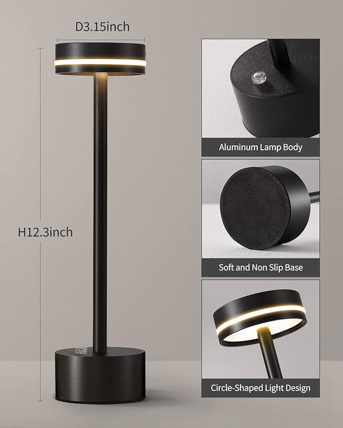 PUSU Cordless Table Lamp Set of 2, Battery Powered LED Desk Lamp Portable Table Lights 3-Level Brightness Touch Control, Lighting for Home Office Bedroom Hotel Restaurant Outdoor Night Light(Black)