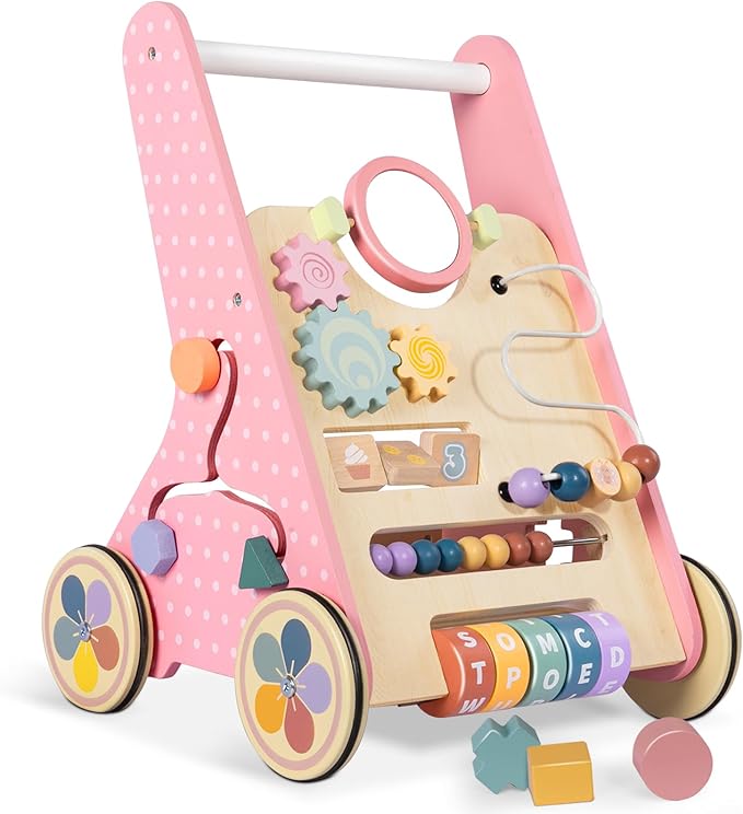 Wooden Baby Walker with Wheels, Baby Push Walkers for Girls 6-12 Months, Push Toys 1 Year Old Girl Small Size