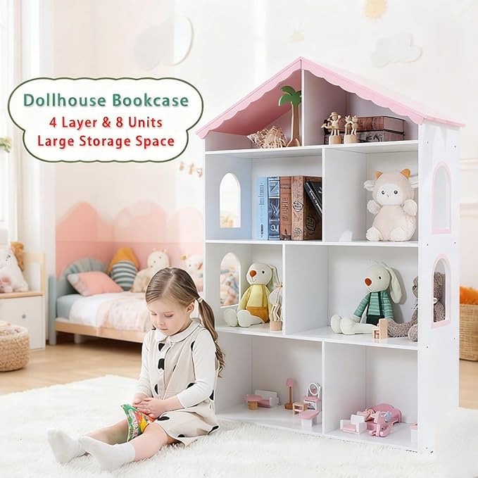 Wooden Dollhouse Bookshelf 4-Tier Children's Bookcase Display Storage Doll House Organizer Furniture for Kids Bedroom Playroom Nursery Kindergarten Gift for Boys Girls Ages 3-8 Years Old