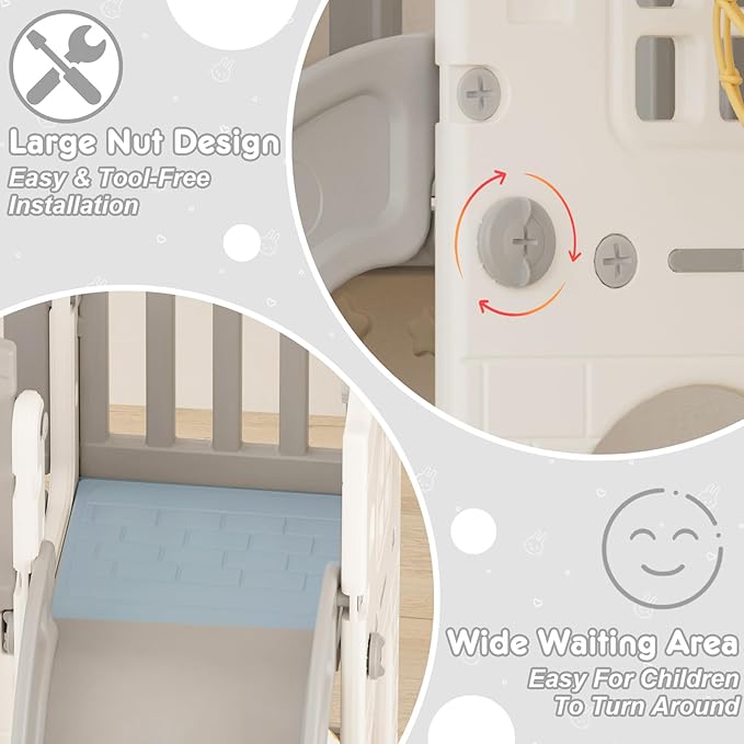 KORIMEFA 7 in 1 Toddler Slide Playset, Kid Slide for Toddlers Age 1-3 with Ring Toss, Basketball Hoop, and Telescope, Indoor Outdoor Slide Toddler Playset Playground, Gray