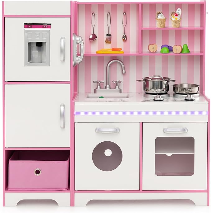 HONEY JOY Kids Kitchen Playset with Lights, Wooden Little Chef Toy Kitchen Set with Storage Bin, Ice Maker & Oven & Stove, Cooking Utensils, Play Kitchen for Toddlers, Gift for Boys Girls, Pink