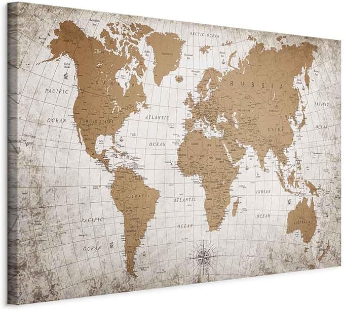 artgeist Canvas Wall Art Print World Map 24x16 in - 1pcs Home Decor Framed Stretched Picture Photo Painting Artwork Image Abstract World Map Vintage Continents k-C-10001-b-a