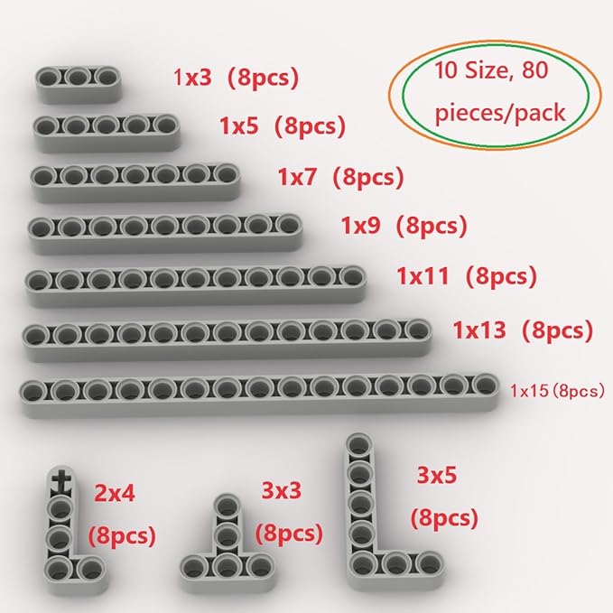 Light Gray Liftarms Thick Bulk Assortment Pack, 80 Pieces, Compatible with Lego, A0001