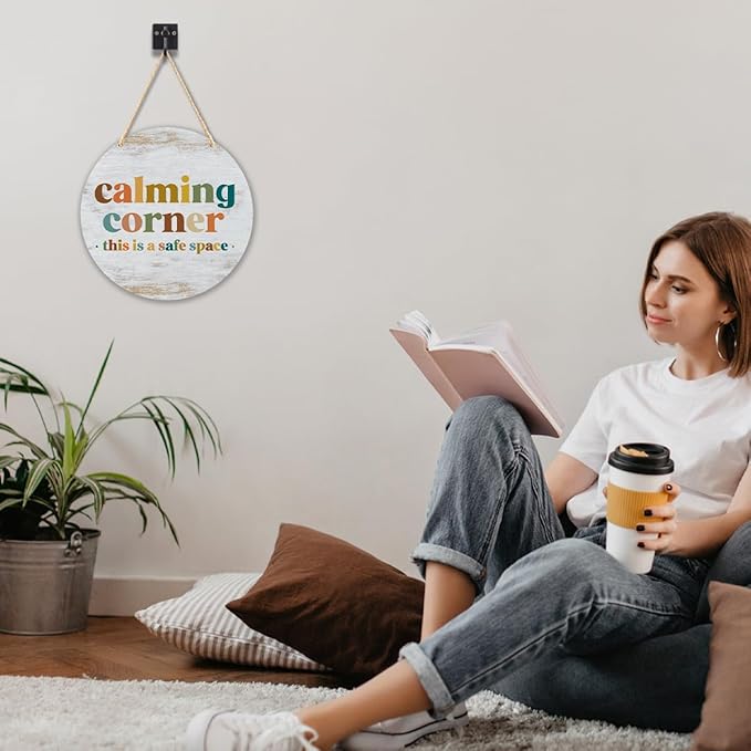 Calming Corner Hanging Wood Sign - Safe Space, School Counselor Office, Calm Down Corner, Boho 10x8 Round Plaque White