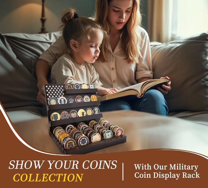 Challenge Coin Display Stand Coin Holder American Flag with Warm Color Holder Wooden Rack Gift for Military Army for Father, Military Coin Holder Display Case
