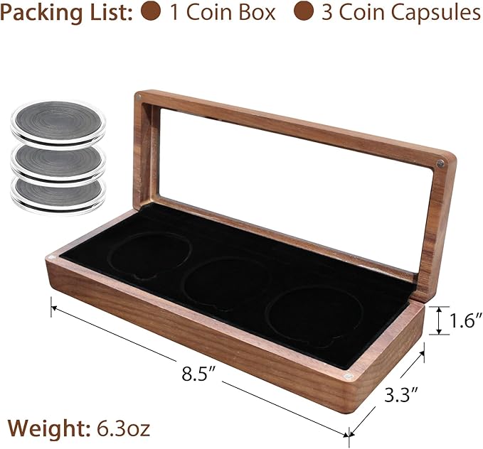 Walnut Wood Challenge Coin Display Case , Coin Box, 3 Slot Design, Compatible with Coins Measuring 17/20/25/27/30/35/40/46mm in Diameter and Less Than 3mm in Thickness