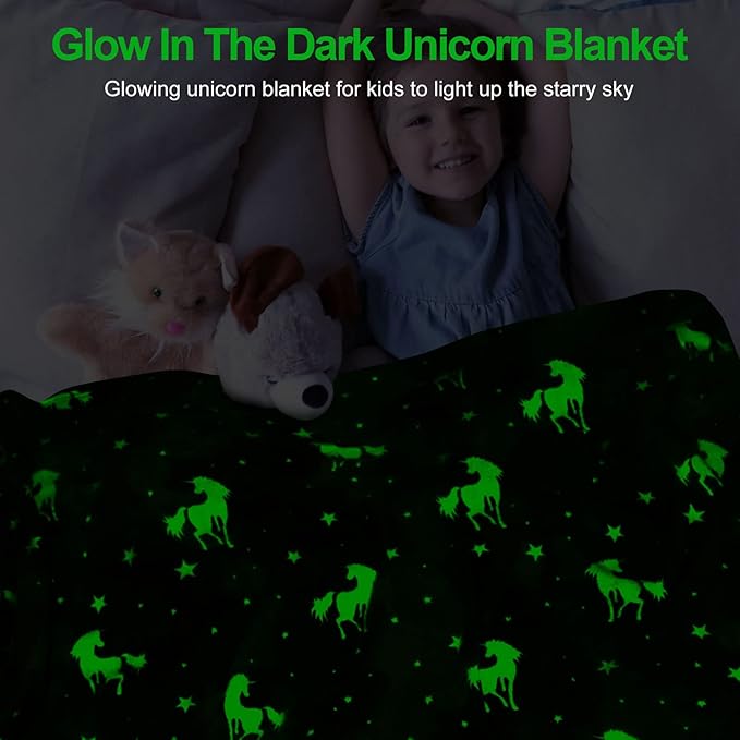 TEHALK Unicorn Glow in The Dark Blanket for Girls/Kids, 60% Polyester/40% Flannel, 40"x60", Pink, Cartoon Unicorn with Star