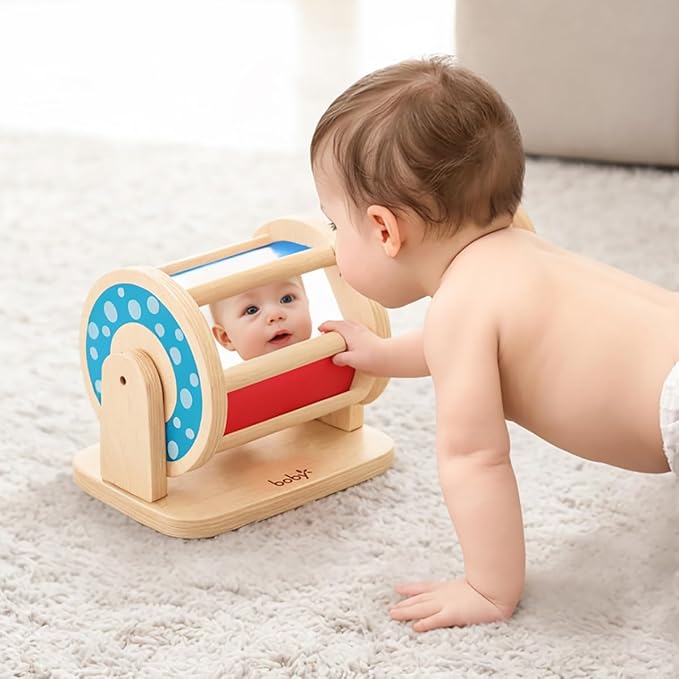 Dailyfunn Montessori Toys Wooden Spinning Drum Tummy Time Floor Mirror Toy for Babies Toddlers 1-3 Years Old