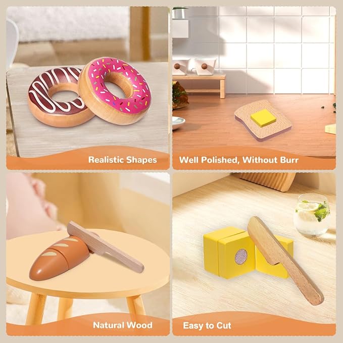 Wooden Bakery Playset Food Toys, Kids Pretend Play Food Baking Set Kitchen Accessories with Storage Bag, Pretend Play Bread Cutting Food for Boys Girls 3+