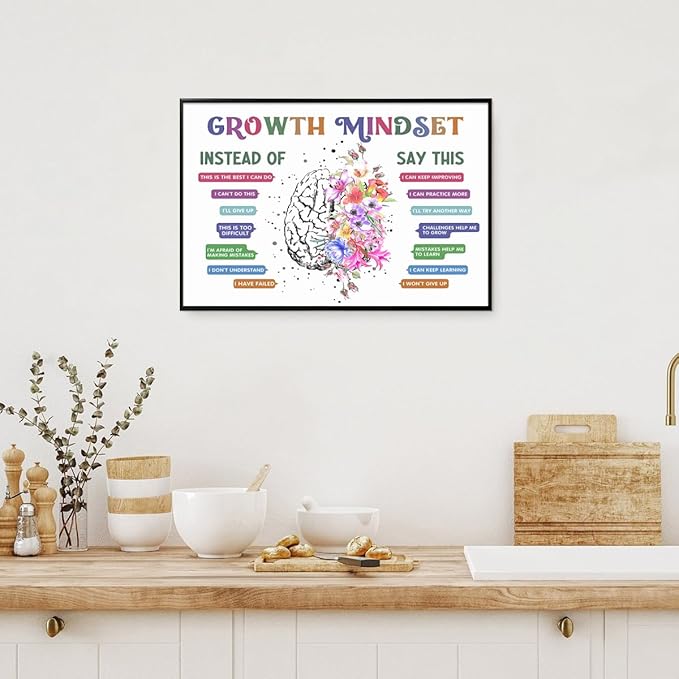 CEHNSENHUI Classroom Growth Mindset Affirmations for Kids Mental Health Posters Brain Poster Psychology Special Education Calm Corner Wall Art Office Therapy Canvas Wall Decor 12x16in BlackFramed