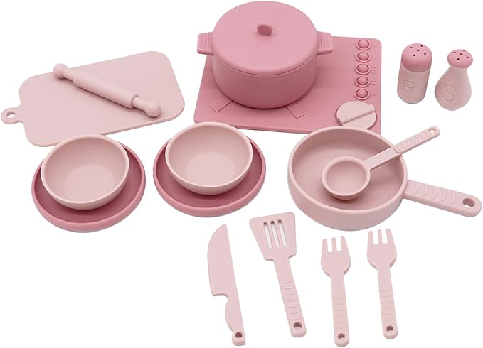 Play Kitchen Accessories, Silicone Pretend Play Kitchen Toys Set, Play Kitchen Pots and Pans Set for Kids, Learning Education Cooking Toys for Girls(Pink)