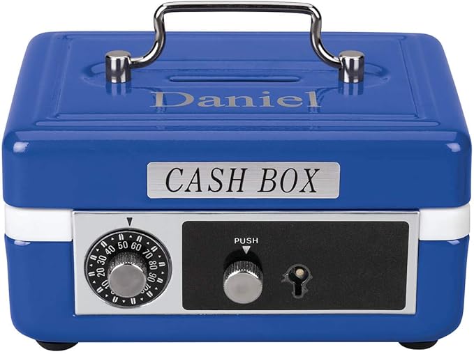 Custom Children’s Cash Box, Metal Piggy Bank Lockbox with Coin Slot, Blue