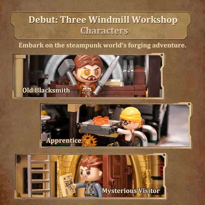 PANTASY Steampunk Windmill Workshop Building Set - Dutch Windmill Architecture with Mechanical Drive with Motorized Rotating Blades,Gear Details,and Openable Wall - Collectible Display Kit for Adults
