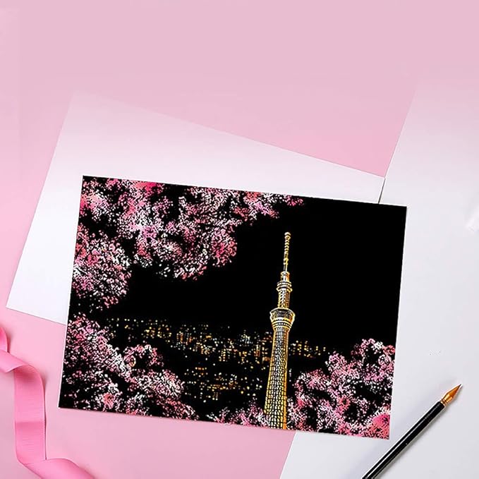 Scratch Art for Kids & Adult, Magic Rainbow Flower Engraving Painting Paper, Landscape Scratchboard(A4) Sketch Beautiful Crafts Set: 8 Sheets with 4 tools - Drawing Pens, Cleaning Brush(Girl / Sakura)