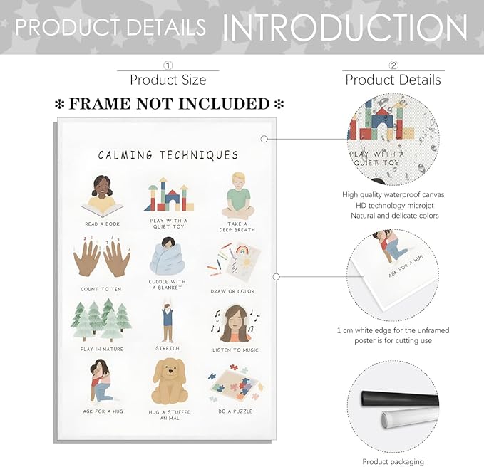 Feelings Calming Techniques Canvas Wall Art Calming Corner Classroom Mental health Posters Boho Emotions Chart for Kids Prints Special Education Wall Decor for Office School 16x24in Unframed