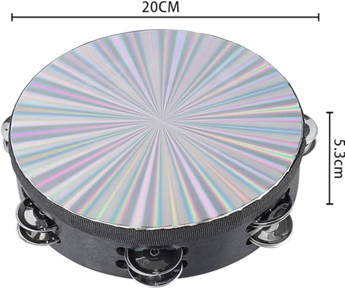 Tambourine 8 inch Radiant Hand Held Drum with Double Row Jingles Reflective Drum Musical Instrument for Church Adults KTV Party