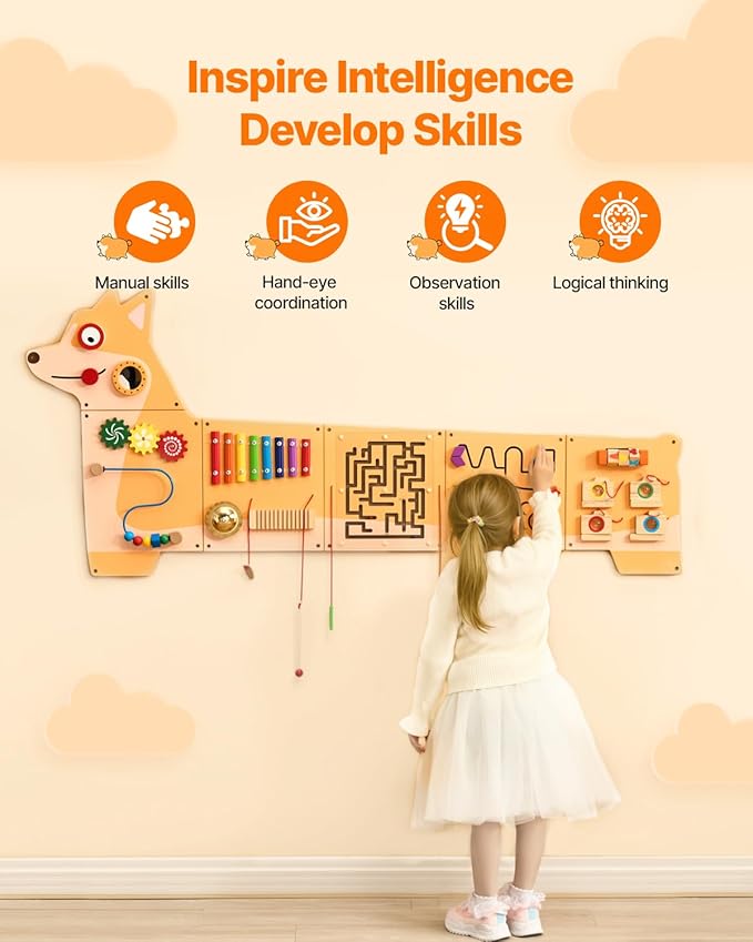 VEVOR Dog Activity Busy Board Panel, 12 Wall Activities Board, Montessori Sensory Wall Panel for Kids 3-12 Years, Sensory Wall Activity Panel, Ideal for Toddler Playroom Nursery Classroom