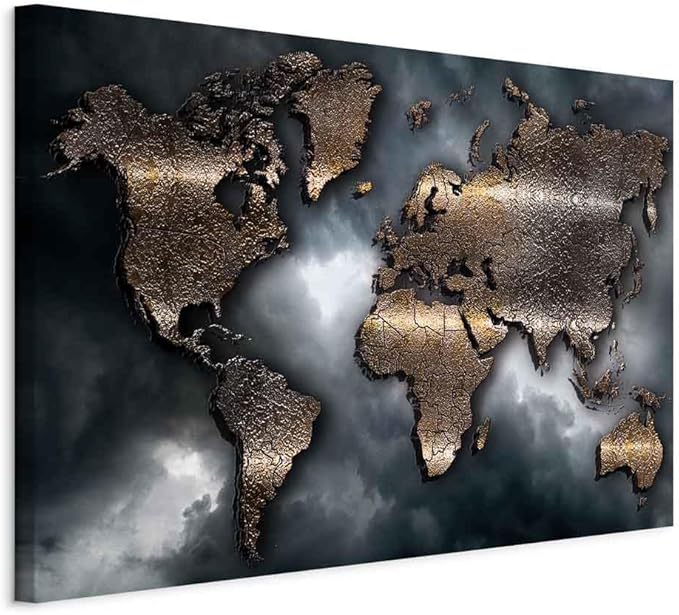 artgeist Canvas Wall Art World Map 24x16 in - 1pcs Home Decor Framed Stretched Picture Photo Painting Artwork Image - Abstract Continents Map World Map Sky k-A-0501-b-a