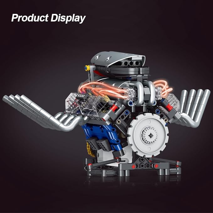 39005 V8 Engine Model Kit, Runnable, Build Your own STEM Visible Mini V8 Engine Model Kit with Lights, Adult and Adolescent Physics Science Experiment Building Block Set (665 Pcs)