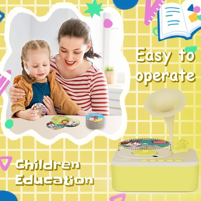 Retysaz Kids Phonograph with 96 Cards, Story Music Player for Kids 3-6 Musical Sensory Toy for boy Girl,Toddler Audio Pre-Kindergarten Toy Early Childhood Education Present Birthday (Yellow)