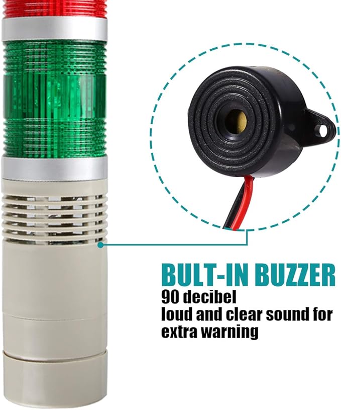 Industrial Signal Tower, Column LED Alarm Tower with Buzzer - 3-Layer Stack LED Warning Light for Safety (DC 12V/Sound/Steady ON)