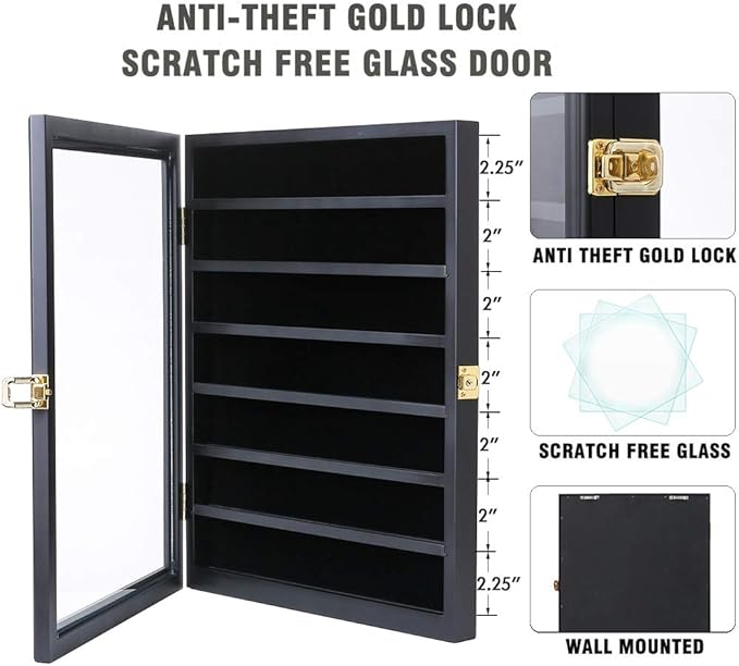 Military Challenge Coin Display Case Lockable Wood Cabinet Rack Holder Black Shadow Box with Removable 2 Grooves Shelves and Anti Fade Real Glass Door for Casino Poker Chips Collectibles