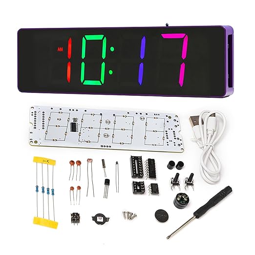 EIELE Soldering Practice Kit 4-Digit RGB Colour LED Digital Clock Kit with colourful case Suitable for students and beginners to solder and learn Adult Electronic Soldering Projects (purple case)