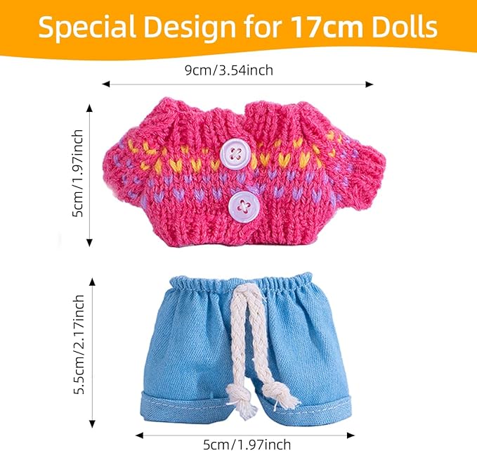 17cm Doll Clothes Set, Premium Jeans & Knitted Sweater Outfit for 17cm 15cm Dolls, Cute Dress Up Fashion, No Doll Included (Rainbow, 17cm/15cm)