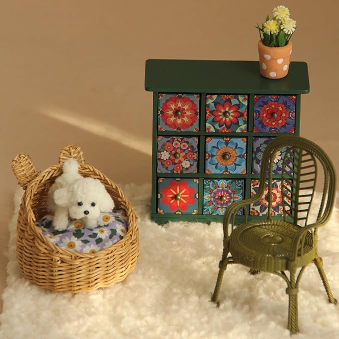 1:12 Scale Wooden Dollhouse Furniture Chest of Drawers 3x3 Grid 9-Drawer- Miniature Chest of Drawers with Hand-Painted Bohemian Persian Florals Gift for 3+ (Dark Brown)