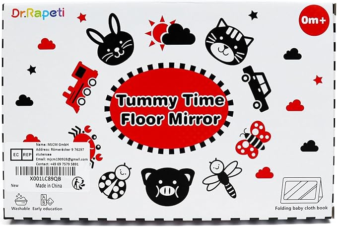 Dr.Rapeti Tummy Time Floor Mirror for Baby Infant Toddler Kids Black and White High Contrast Baby Toy with Crinkle Cloth Book Teethers Floor Activity Toy Washable Non-Toxic