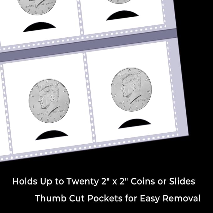 50-Sheets 20-Pocket Thumb-Cut Coin Pages - Coin Pocket Pages for 2 x 2 Inch Cardboard Coin Holders, Collecting Sleeves for Coin Flips, 1000 Pockets for Coin Binder, Coin Collection Storage Supplies