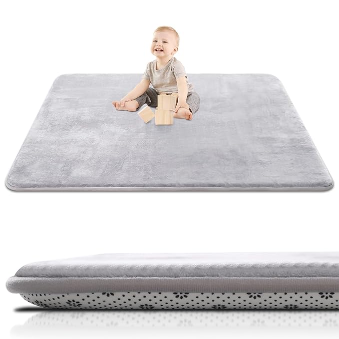 Thick Baby Play Mat for Floor,Padded Foam 59x59 Playpen Mat,Ultra Soft Support&Plush Feel Nursery Rug,Non Slip for Toddler, Infants,Kids Play,Yoga,Baby Crawling,Tummy Time(Light Grey)