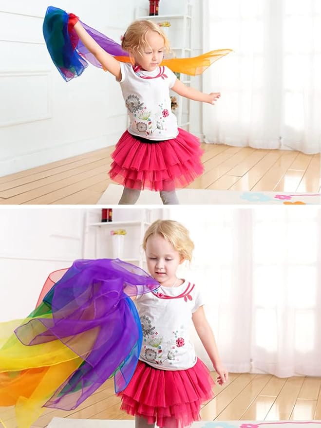 Dance Scarves for Kids: Juggling Scarves, 12 Pcs, 24" x 24", Toddler, Unisex, Multicolored, Rainbow Theme